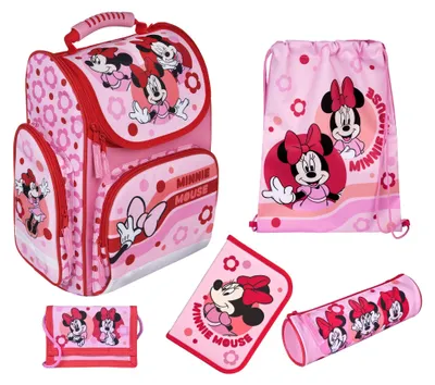 Produktbild von Schulranzen Disney Minnie Mouse 5-teilig, Schultaschen Set Mädchen 1. Klasse, Blumen Pink