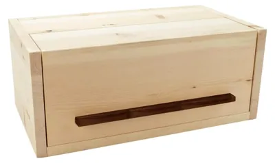 Produktbild von Brotkästen aus Vollholz mit Nussgriff und Klappdeckel - 45 x 25 x 16 cm