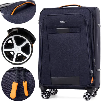 A collage of a navy blue suitcase, showing close-ups of its handle, wheels, and zipper pulls.