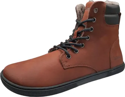 A single brown leather boot with black laces and a black sole is shown against a white background.