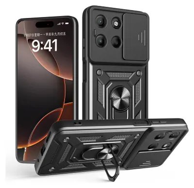 Multiple views of a black smartphone case with a camera cover and ring holder.