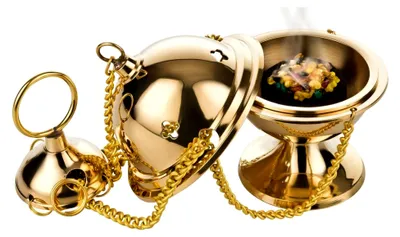Produktbild von Räuchergefäß aus Messing in Goldfarbe 6 x 10 cm mit Kette, Räucher-Set Gods Heaven mit Mischung und Kohle, Schwenkräucherer, handgefertigt aus Indien