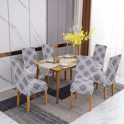 Productafbeelding van 4-delige set stoelhoes, elastische stoelhoes voor de eetkamer, wasbare Elasthan hoes, grijs, diamantpatroon