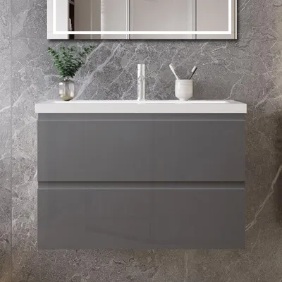 Produktbild von 80 cm Badmöbel-Set Unterschrank mit Mineralguss waschtisch 2 Schubladen soft-close Hochglanz Anthrazit Selbstmontierter