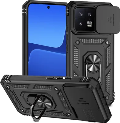 Image de Étui pour Xiaomi 13 étui double couche avec couvercle coulissant pour appareil photo et anneau de support noir