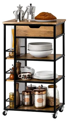 Produktbild von Servierwagen mit Rollen, Küchenwagen mit 1 Schublade und 3 Ablagen, Beistellwagen, Rollwagen, Küchenschrank mit Arbeitsplatte für Küche, Wohnzimmer, Esszimmer 50x87x37 cm