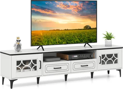 Obrázek produktu pro COSTWAY TV skříňka bambusová, nízká deska pro televizory do 80 palců, TV skříňka se 2 zásuvkami, 2 dvířky a policí, TV stolek, TV skříňka, bílá
