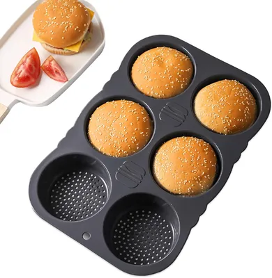 Produktbild von Burger Buns Backform, Silikon, 10 cm Durchmesser, 6 Fächer, antihaft, für Brot und Muffins