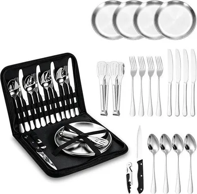Produktbild von Camping Set 20-teilig - Edelstahl - Für 4 Personen - Inklusive Aufbewahrungstasche - ShopFlot