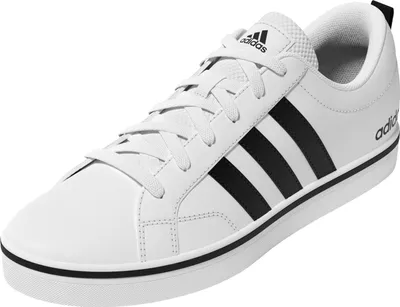 A white Adidas sneaker with black stripes is shown against a white background.