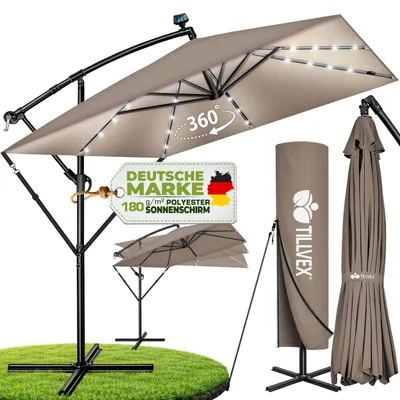 Zdjęcie produktu dla tillvex® Aluminiowy parasol ogrodowy prostokątny Ø 330 cm z oświetleniem LED na energię słoneczną w kolorze cappuccino + pokrowiec z korbką | Parasol z podstawą i osłoną przeciwwiatrową | Parasol ogrodowy z ochroną przed promieniowaniem UV, wodoodporny, obracany o 360° | Parasol z korbką, parasol targowy