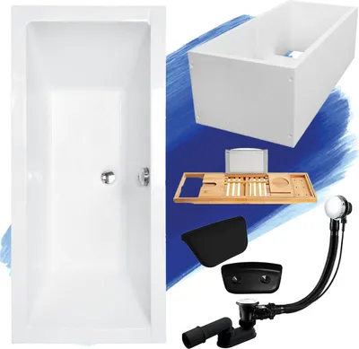 Productafbeelding van Badkuip, rechthoekig, set 5-in-1, 180x80 cm, inclusief afvoer, poten, GRATIS: badkuipdrager, bamboe houten plank en hoofdkussen in zwart | BADLAND QUADRO