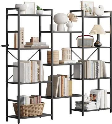 Immagine prodotto di Libreria a tre ante con 4 ripiani - grande libreria in stile industriale - struttura robusta in acciaio inossidabile - scaffale aperto - ideale per ufficio e soggiorno - colore nero