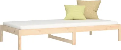 A wooden daybed with a white mattress and two pillows.