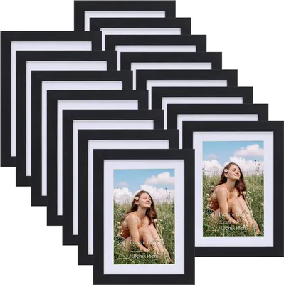 Produktbild von 15 Bilderrahmen 10 x 15 cm mit Passe-Partout - Schwarz Holz für verschiedene Fotoformate