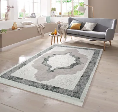 Image de Tapis design à motifs, gris, crème et beige, dimensions : 80 x 300 cm