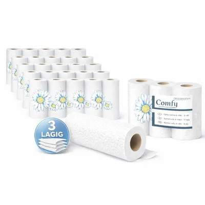 Produktbild von 32 Küchenrollen, Wischtücher, Küchentücher 32 Rollen 3-Lagig - weiß, 50 Blätter pro Rolle 8 x 4 Rollen Super saugfähig, Weich und reißfest