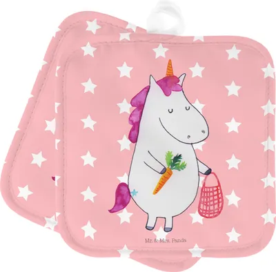 Produktbild von Mr. & Mrs. Panda Topfuntersetzer Einhorn Gemüse - Rot Pastell - Geschenk, Ofenlappen, Topflappen, Set, Unicorn, Biomarkt, topfhalter, Kochlappen, Wochenmarkt, Einhörner