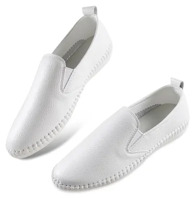 Produktbild von Damen Flats Komfortable Runde Nase - Weiße Lederpumps - Instapper - Flache Pumps