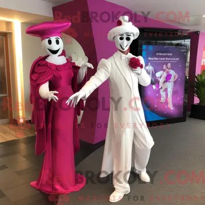 Produktbild von Maskottchenfigur REDBROKOLY eines magentafarbenen Stelzenläufers mit Brautkleid und Mütze