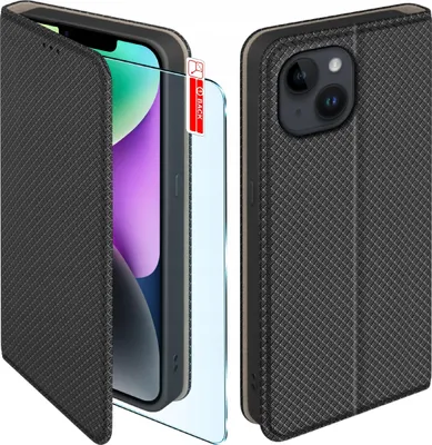 Zdjęcie produktu dla Etui z klapką do iPhone 14 Zamykane Czarne Futerał + Szkło 9H