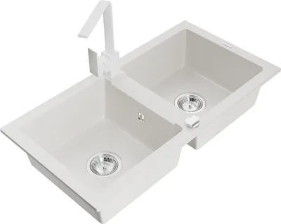 Produktbild von Mexen Mario 2-Becken-Granitspüle mit Mischbatterie Rita, Weiß - 6504-20-670300-20