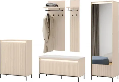 Produktbild von MEBLINI Garderobe Flur Möbel Set mit LED - Garderobenschrank Flur mit Spiegel - Garderobe Schrank - Flurgarderobe - Flurschrank hoch - TREND - Beige/Schwarz