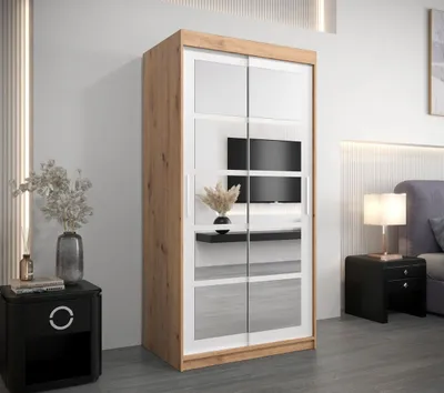 Obrázek produktu pro Šatní skříň se zrcadly ALENA - šířka 100 cm, dub artisan / bílá