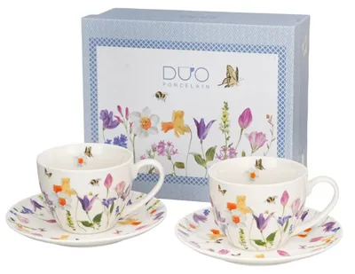 Produktbild von DUO | Tasse - Teetasse - 2er Set - Kaffeetassen und Untertassen - 270 ml - aus Porzellan - Blumenmotiv - Mai