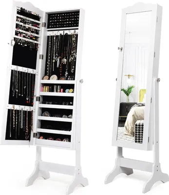 Zdjęcie produktu dla Zamykana szafka na biżuterię stojąca z regulowanym kątem i lustrem na całej długości 45 x 37 x 160 cm biała