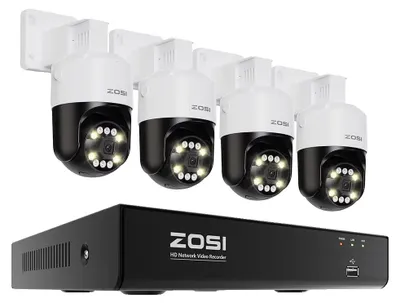 Immagine prodotto di Sistema di telecamere di sicurezza, riconoscimento tramite intelligenza artificiale, funzione di interfono, 4 telecamere PTZ da 5MP, senza fili