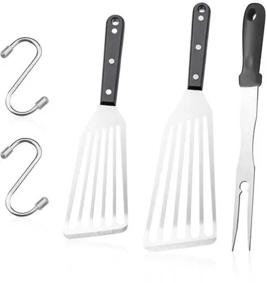 Productafbeelding van Ibenzoa® Keukenaccessoires-set, 7-delig: 3 roestvrijstalen spatels (32×8,5 – 28×7,5 cm), 3 keukenhaakjes, 1 vleesvork (2,5×33,8 cm) – roestvrij staal
