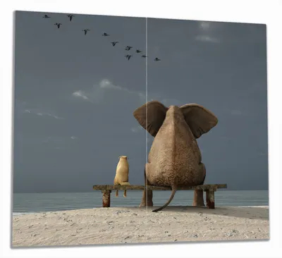 Produktbild von Wallario Herdabdeckplatte aus Glas, Größe 60 x 52 cm 2-teilig, Motiv Elefant und Hund sitzen auf einer Bank