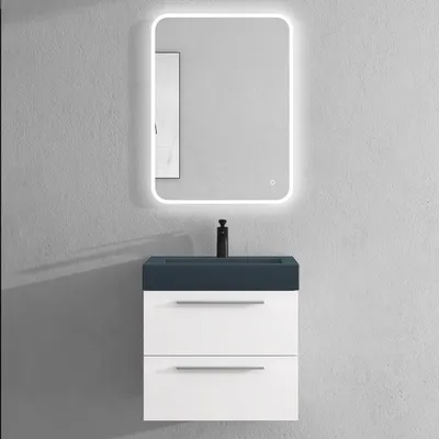 Image de doporro Meuble de Salle de Bains Blanc Mat Ensemble de 3 Pièces Meuble Suspendu avec Lavabo 60 cm et Miroir LED Design Quadratto