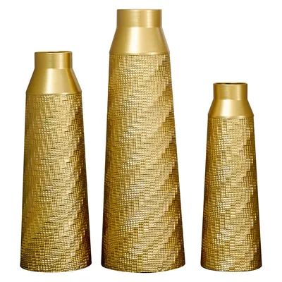 Produktbild von Goldene Metallvasen 3er Set, Strukturierte Bodenvasen für Wohnzimmer & Flur, Dekovasen platzsparend, nicht wasserdicht