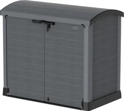 A gray plastic storage box with double doors and a curved lid, shown against a white background.