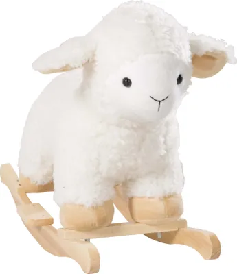 A white plush rocking sheep toy on a wooden base, isolated on a white background.