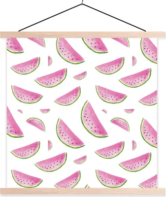 Produktbild von MuchoWow® Textilposter Wassermelone - Aquarellfarbe - Design 120x120 cm mit holzfarbenen Rahmen - Textil-Poster