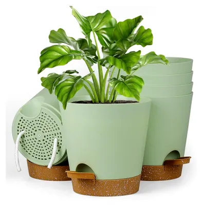 Produktbild von 6er Set Selbstbewässernde Blumentöpfe, 17,8 cm Pflanzentopf mit Bewässerungssystem, Übertopf mit braunem Untersetzer, Blumentopf-Set für Innen- und Balkongärten, grün