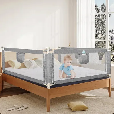 Produktbild von 3 Seiten 200cm Baby Bettgitter Einziehbare Babybettgitter Kinder Bettgitter Bettschutzgitter Höhenverstellbar Rausfallschutz für Bett grau