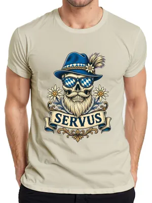 Obrázek produktu pro Servus, lebka, klobouk v tradičním stylu, edelweiss, bavorské kožené kalhoty, pánské tričko, přírodní barva, velikost 3XL