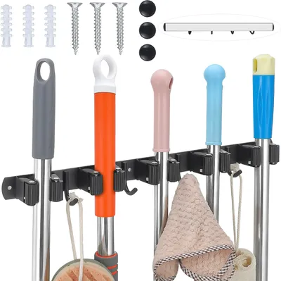 Produktbild von Držák na smeták, nerezový držák na smeták na stěnu, 5 držáků + 4 háčky držák na nářadí samolepicí, držák na smeták