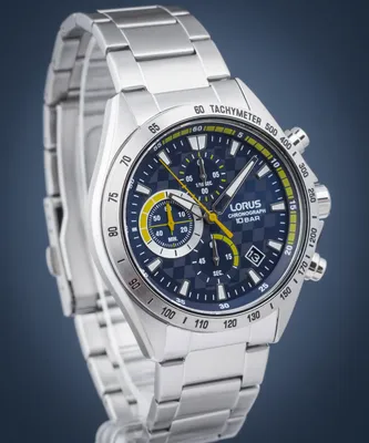 A close-up studio shot of a Lorus chronograph watch.