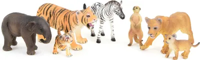 Produktbild von Tierfiguren Set Spielfiguren Tiere 3,5-10 cm  Wildnis  7 Tiere - Zebra Erdmännchen Löwin kleiner Löwe Elefant