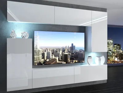 Produktbild von Wohnwand Schrankwand IMPERIA III 250 cm viele Farbkombinationen hochglanz matt WEISS HOCHGLANZ IMP 8/5/W/W/0/0 ohne LED Beleuchtung