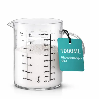 Produktbild von Messbecher 1L Glas hitzebeständig Messkanne Dosierhilfe 1000ml Messbehälter