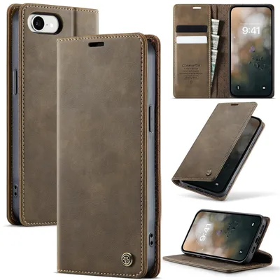 Immagine prodotto di Custodia in pelle per iPhone 16e/iPhone 17e, protezione RFID, chiusura magnetica, scomparti per carte e funzione supporto Marrone