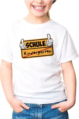 Produktbild von Kinder T-Shirt Mädchen Parodie Ortsschild Schule Kindergarten Geschenk zur Einschulung Schulanfang Moonworks® weiß 122-128 (7-8 Jahre)