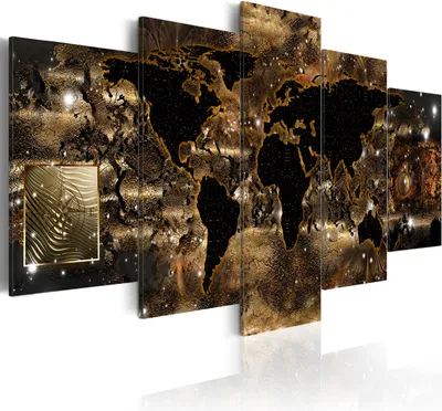 Produktbild von Modernes Wandbild k-A-0008-b-o (150x75) - 5 Teilig Bilder Fotografie auf Vlies Leinwand Foto Bild Dekoration Wand Bilder Kunstdruck Weltkarte Welt schwarz gold silber