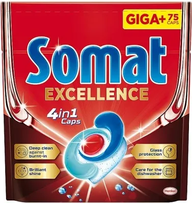 The image shows the front packaging of Somat Excellence 4-in-1 dishwasher detergent capsules.